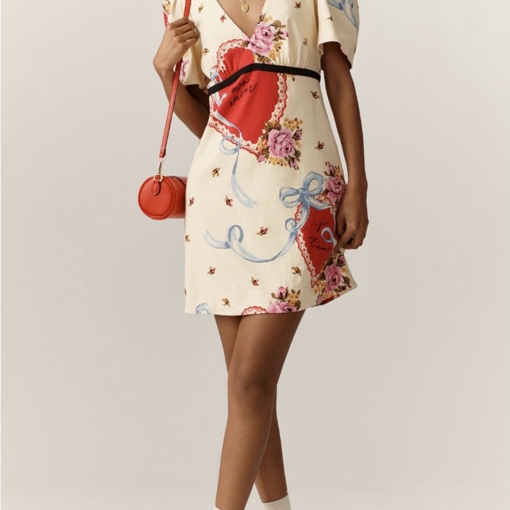 Anthropologie Cream Mini Dress with Red Heart & Pink Floral Print - Picture 2 of 5